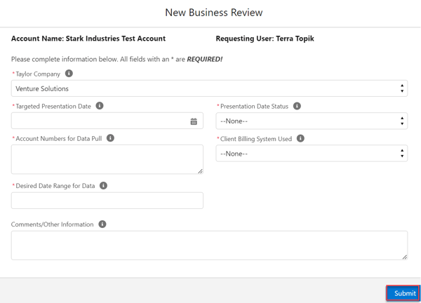 A New Business Review form filled out with the account name, requesting user, and "Venture Solutions" as the Taylor Company
