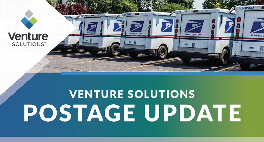 Venture Solutions Postage Update text over a line of USPS trucks parked in a row.