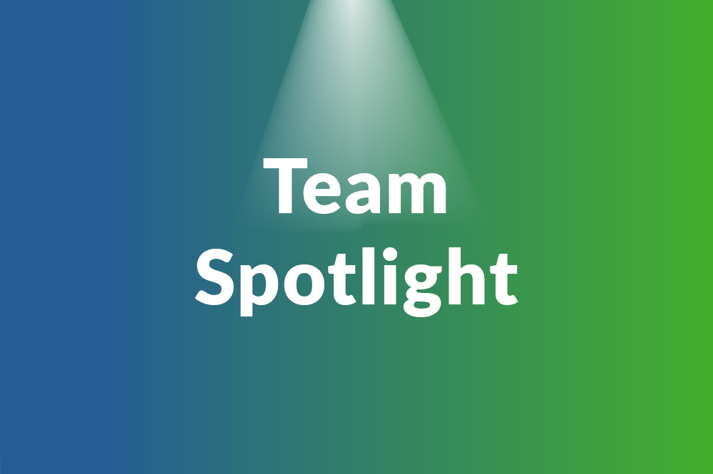 Team spotlight text on a gradient background with a spotlight effect of light shining down on the text