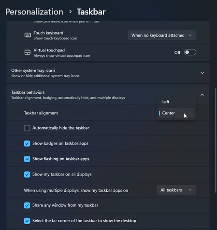 Taskbar alignment settings